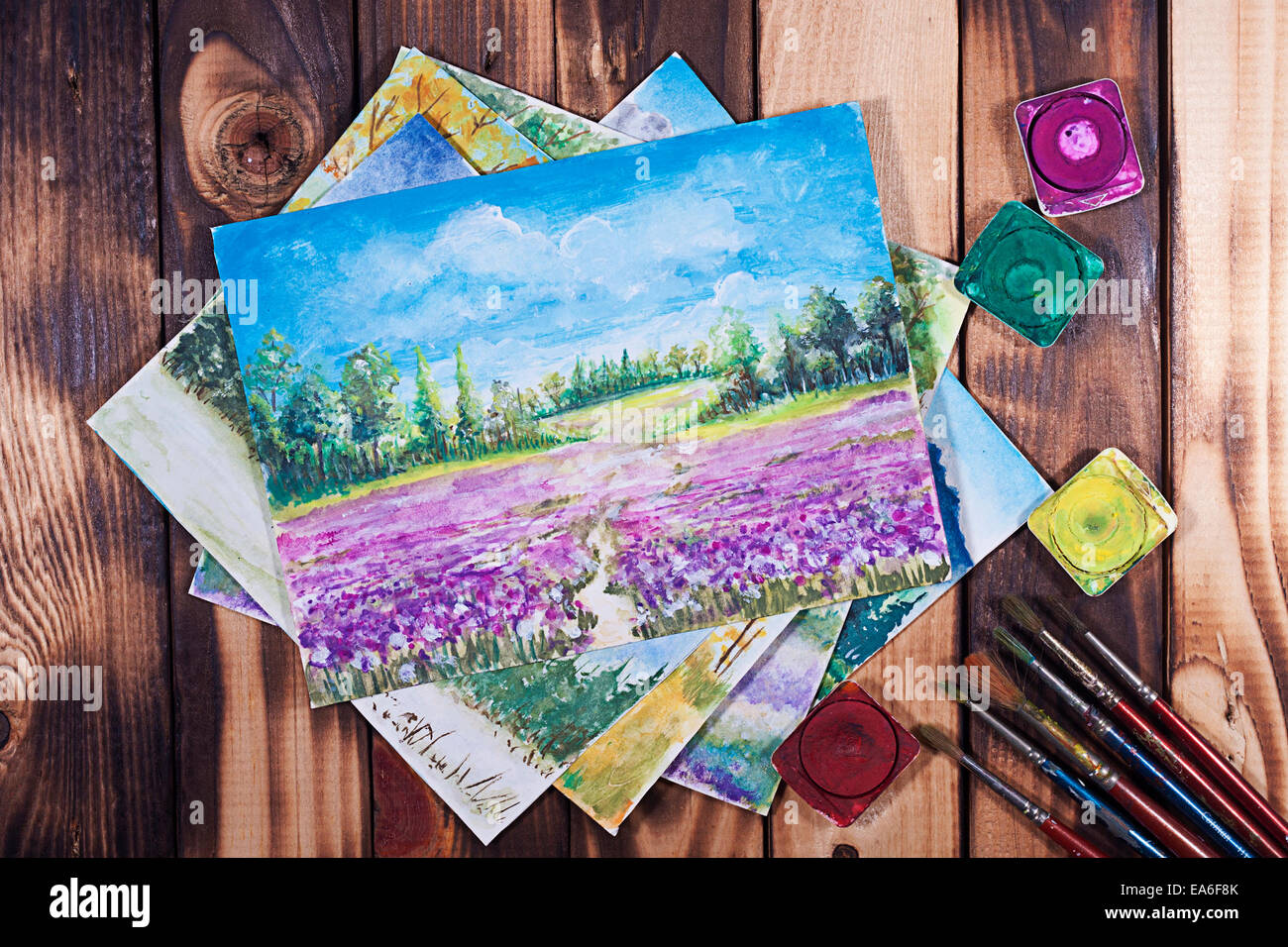 Watercolors and brushes Stock Photo