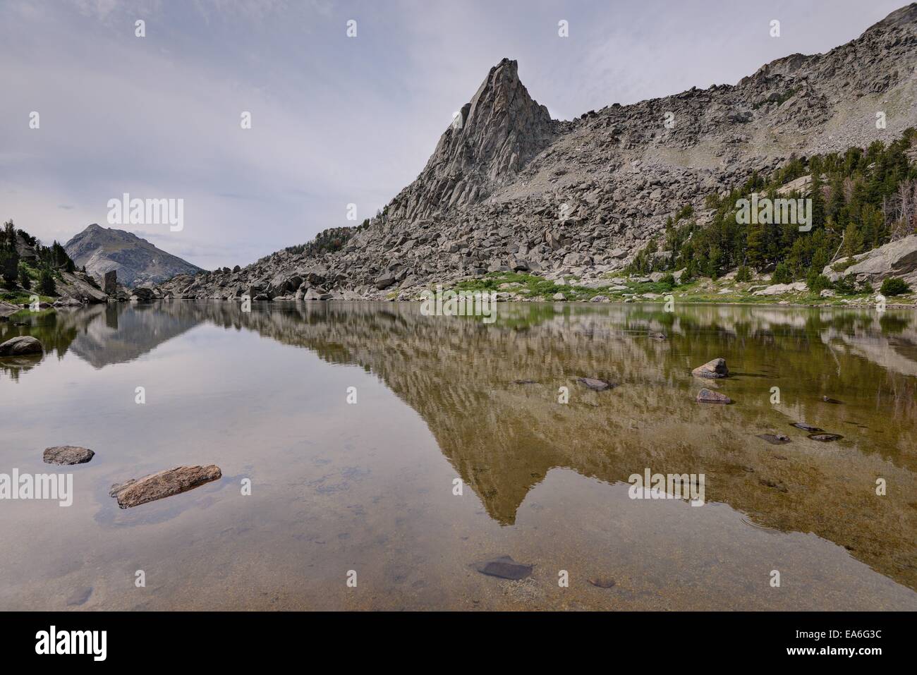 USA, Wyoming, Bridger-Teton National Forest, View of North Lake and Sundance Pinnacle Stock Photo