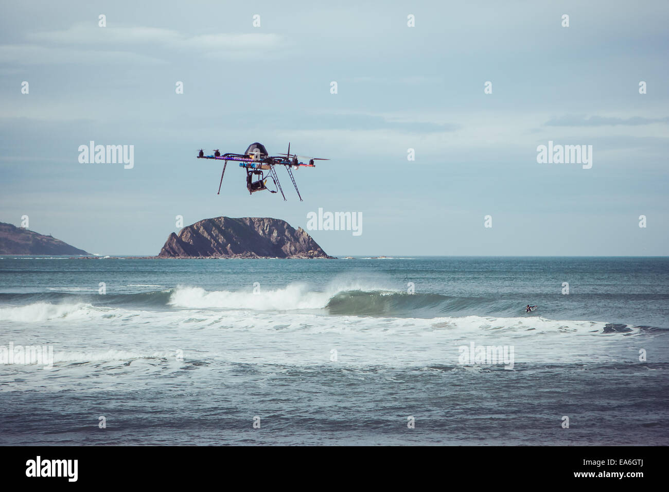 Drone flying over sea, Bermeo, Spain Stock Photo