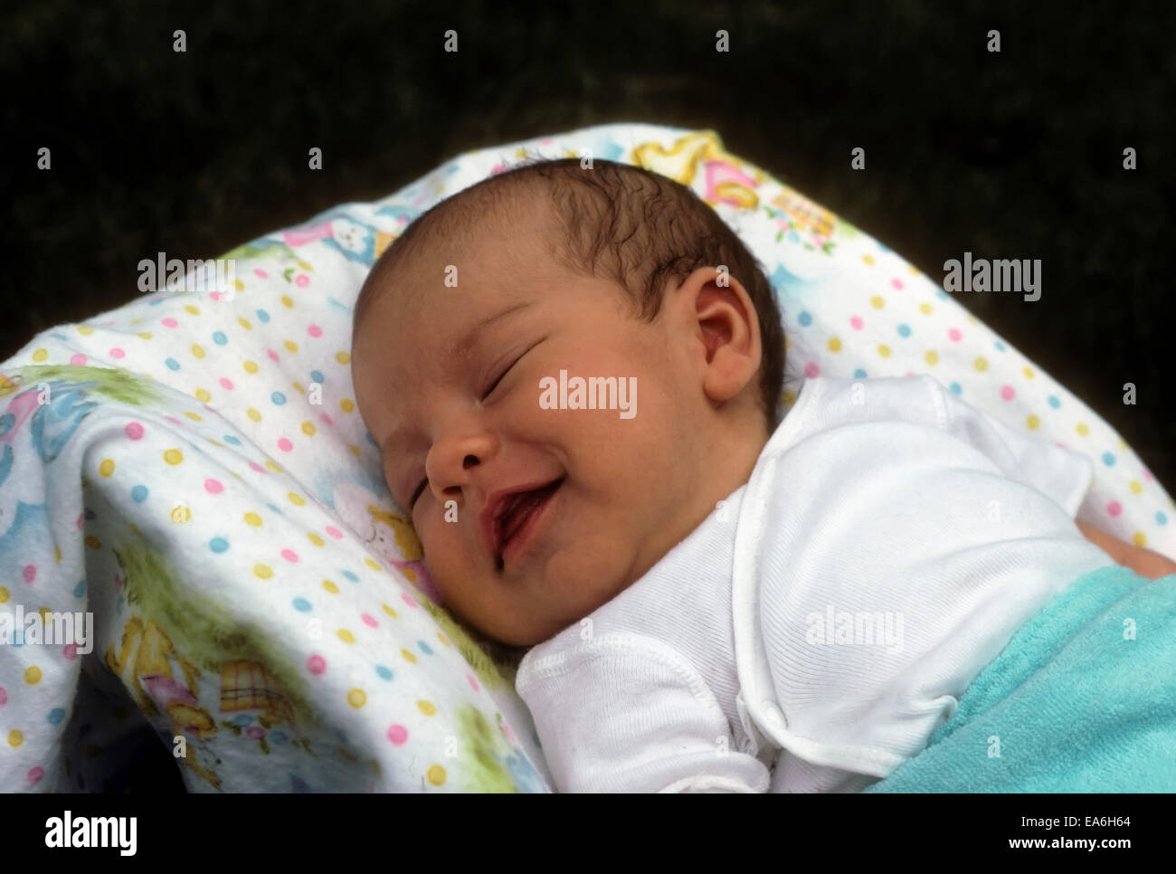 Infant boy sleeping in his carrier has a beautiful smile on his face. He seems to be laughing. Stock Photo