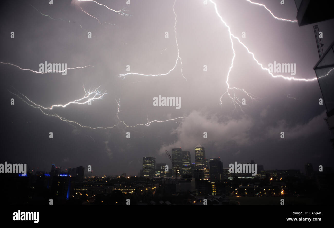 Thunder and lightening above Canary Wharf, London, England, United Kingdom Stock Photo