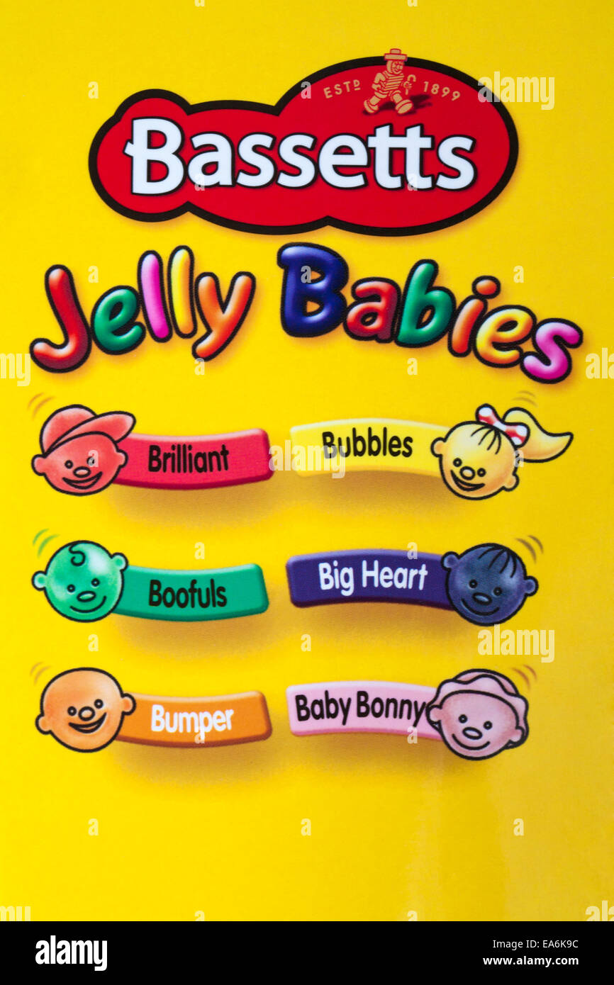 names of Bassetts Jelly Babies shown on box Stock Photo