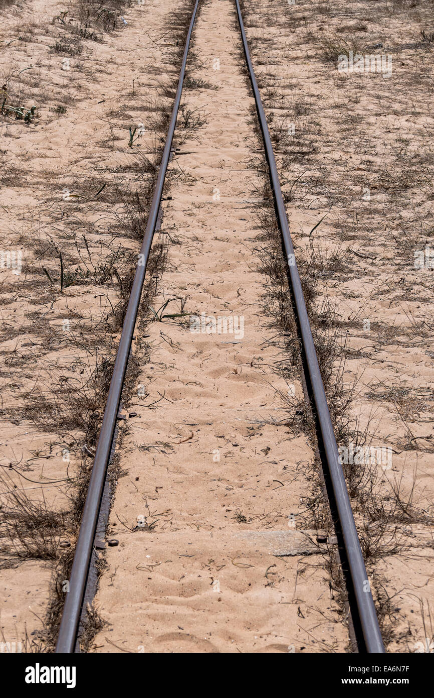 Steel Railroad Tracks on Sand Beach, closeup Stock Photo Alamy