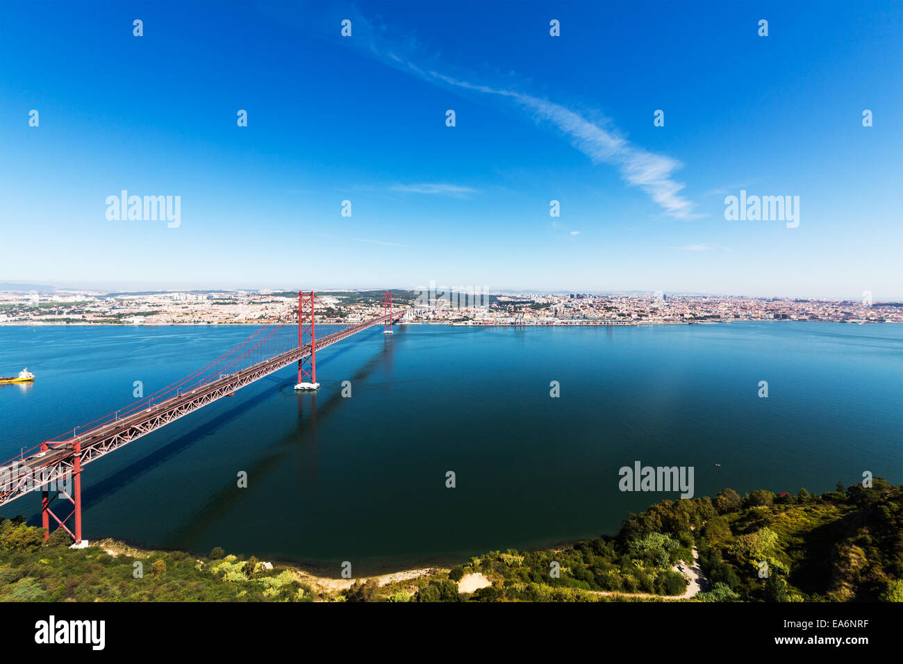 25 de Abril Cable-stayed Bridge over Tagus River, panoramic view Stock Photo