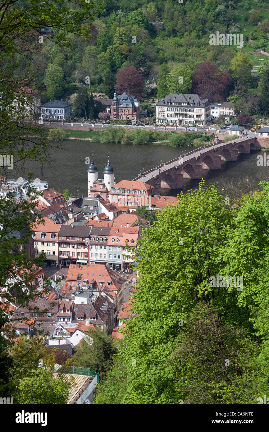 Aerial view of the Old Bridge, Alte-Brucke, and old town market place, Heidelberg, Germany Stock Photo
