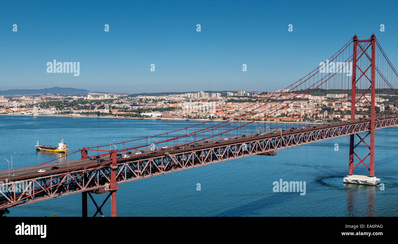 25 de Abril Cable-stayed Bridge over Tagus River, panoramic view Stock Photo