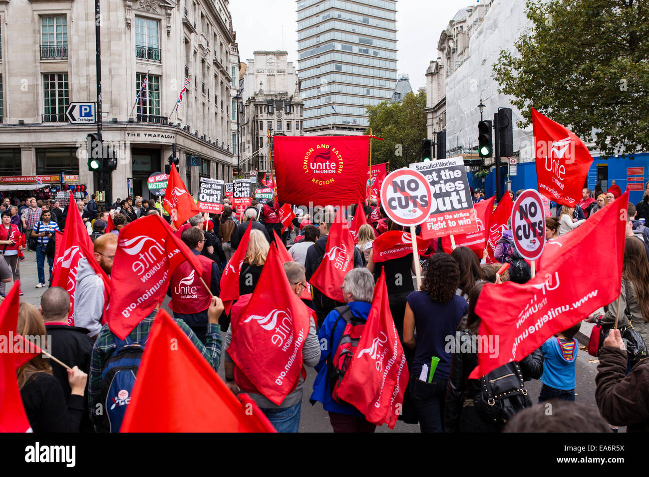 Trade Union protesters march through London on 18th October 2014 to demonstrate against government austerity and cuts Stock Photo