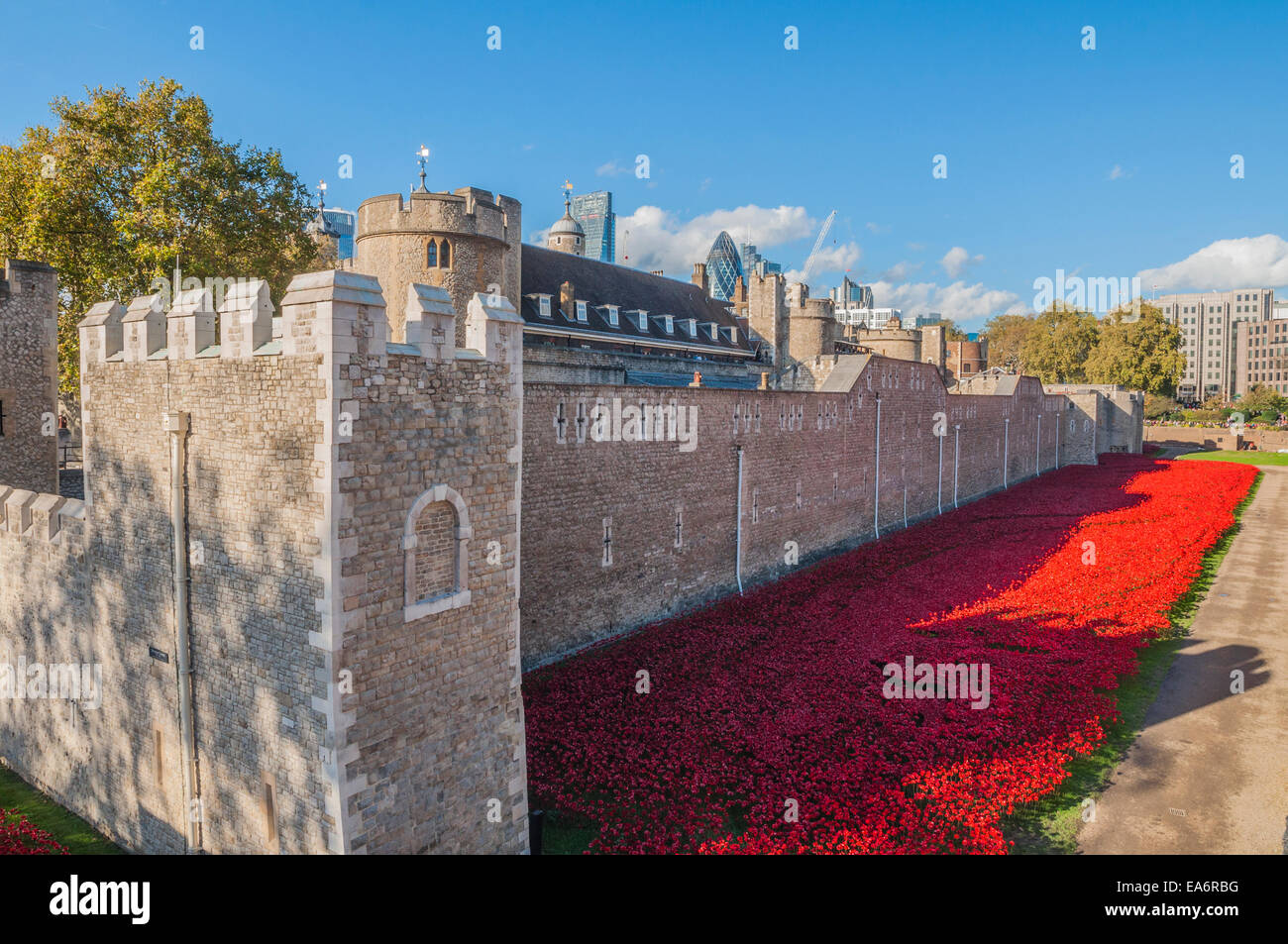 Blood swept lands and seas of red is an art installation by Paul Cummins commemorating the centenary of the outbreak of World War I PHILLIP ROBERTS Stock Photo
