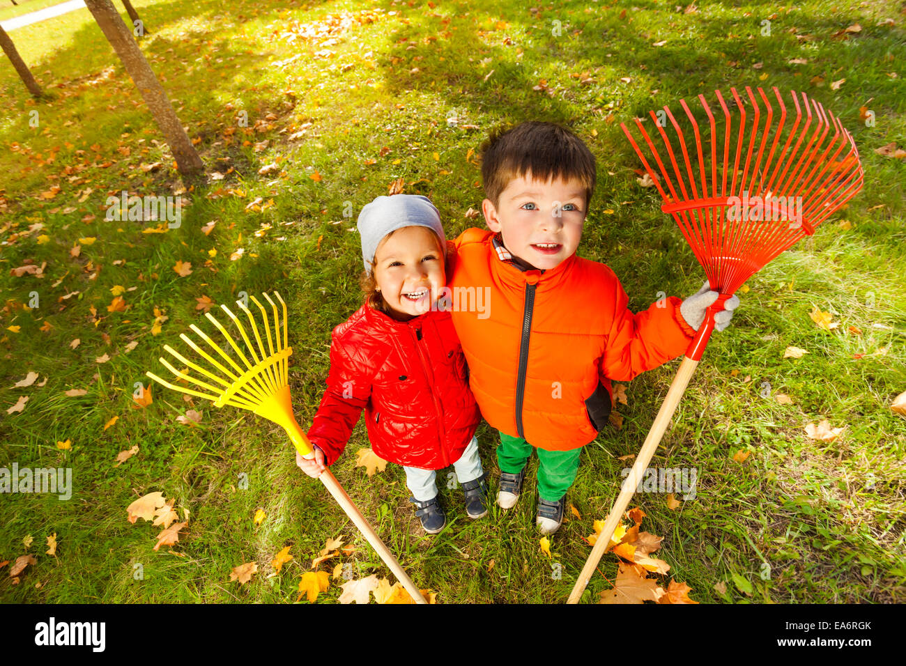 View from top of boy and girl with two rakes Stock Photo - Alamy
