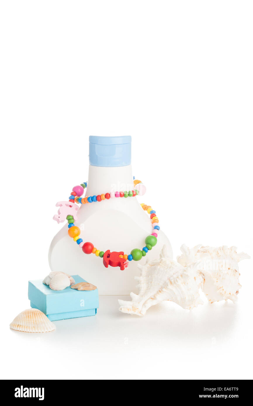 lotion bottle with seashells Stock Photo