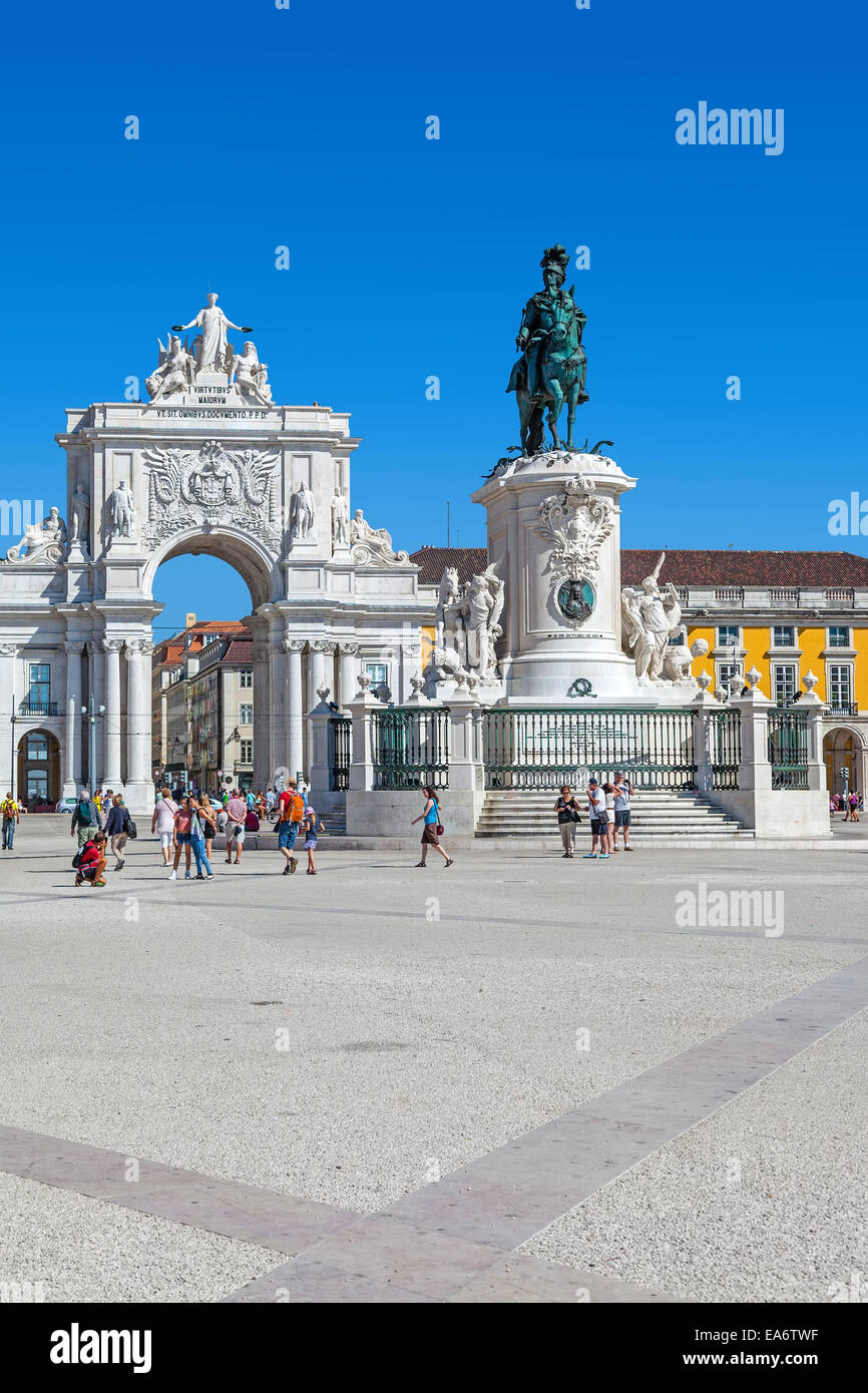 Praca do Comercio or Terreiro do Paco square, with the iconic Triumphal Arch and King Dom Jose I statue in Lisbon Baixa District Stock Photo