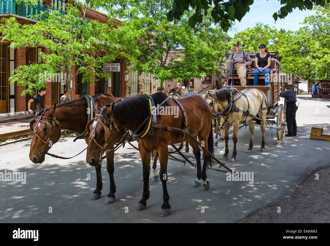 Stagecoach on Main Street in old gold mining town of Columbia, Columbia State Historic Park, Tuolumne County, California, USA Stock Photo
