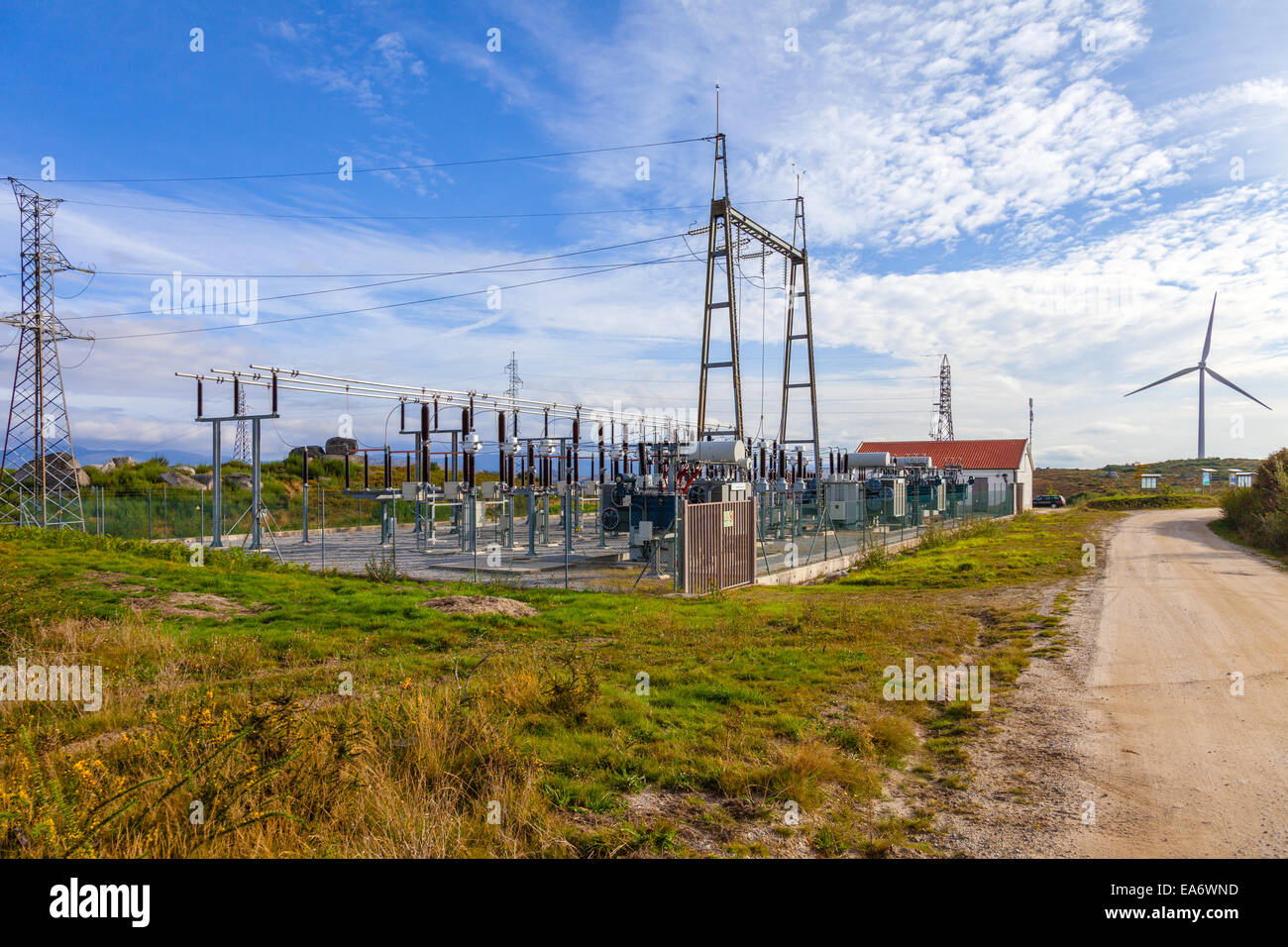 Collector Substation for a wind farm. Connected to the wind power turbine generators in Terras Altas de Fafe Portugal Stock Photo
