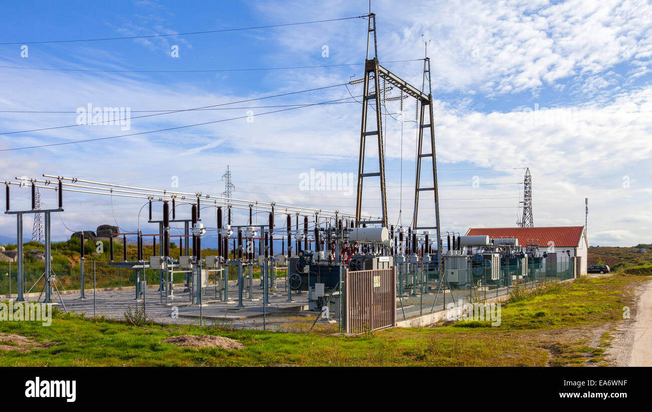 Collector Substation for a wind farm. Connected to the wind power turbine generators in Terras Altas de Fafe Portugal Stock Photo