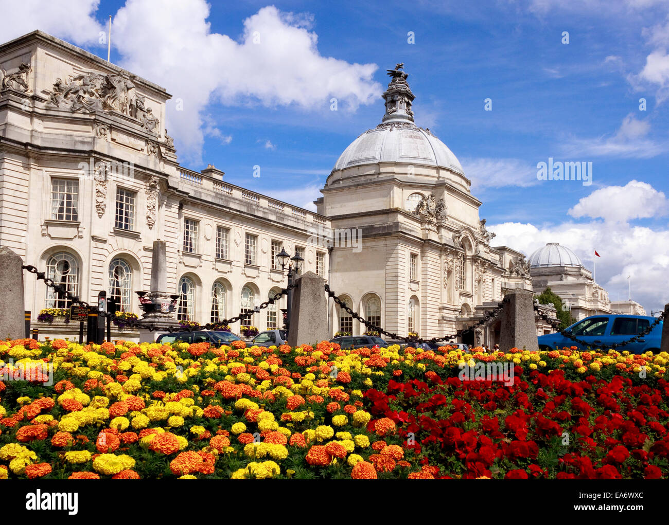 City Hall Cardiff and flower beds Stock Photo