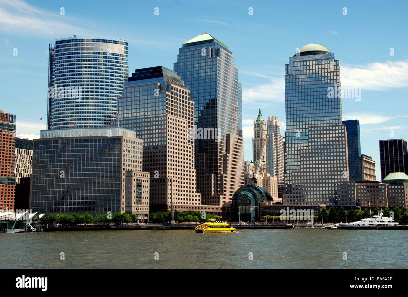 NYC:  The modern towers of the World Financial Center and the Winter Garden seen from the Hudson River Stock Photo
