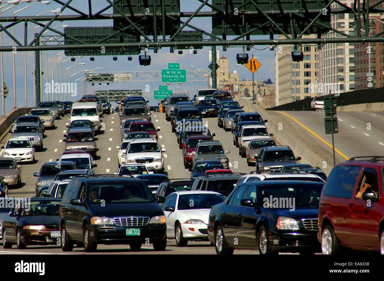 NYC:  Bumper-to-bumper traffic fills the southbound lanes of the Miller Highway (Route 9) on the west side of Manhattan Stock Photo