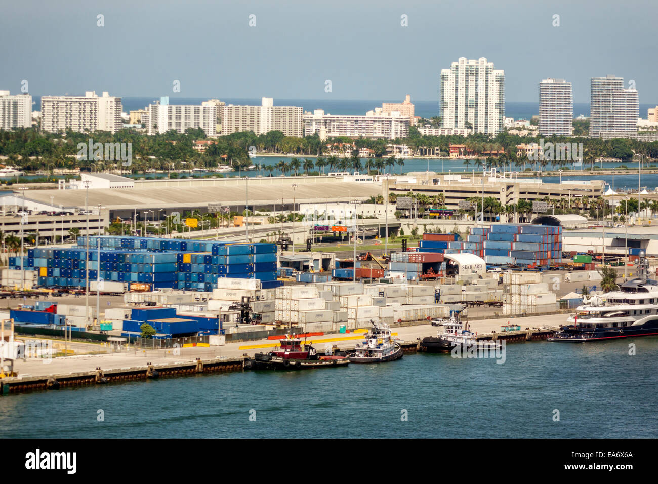 Miami Florida,Port of Miami,Miami Beach,Biscayne Bay,cargo containers,aerial overhead view from above,high rise,condominium buildings,FL140808008 Stock Photo