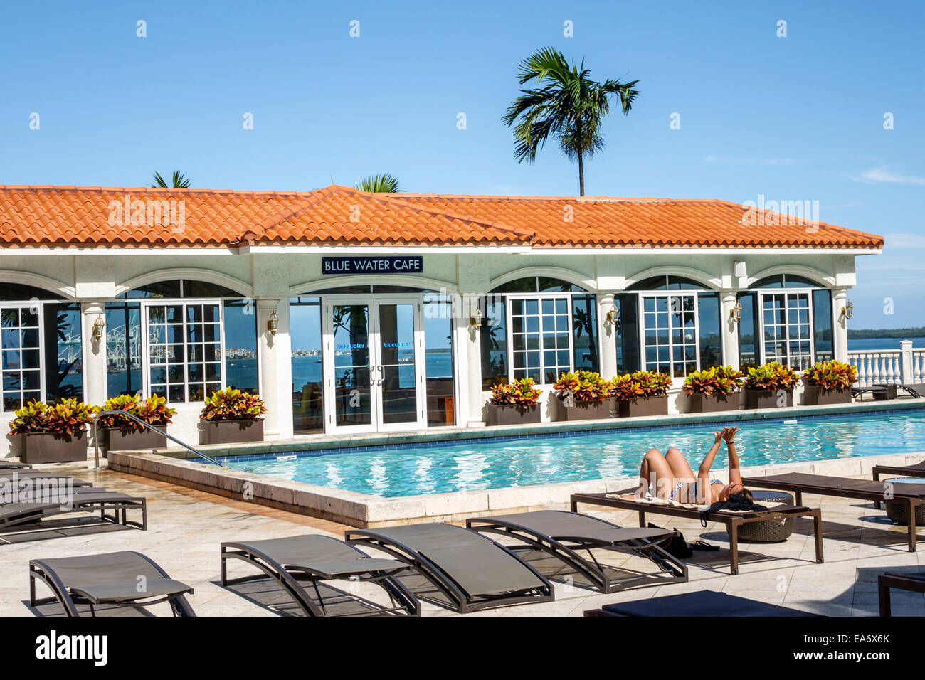 Miami Florida,Intercontinental,hotel,swimming pool area,lounge chairs,Blue Water Cafe,FL140808010 Stock Photo