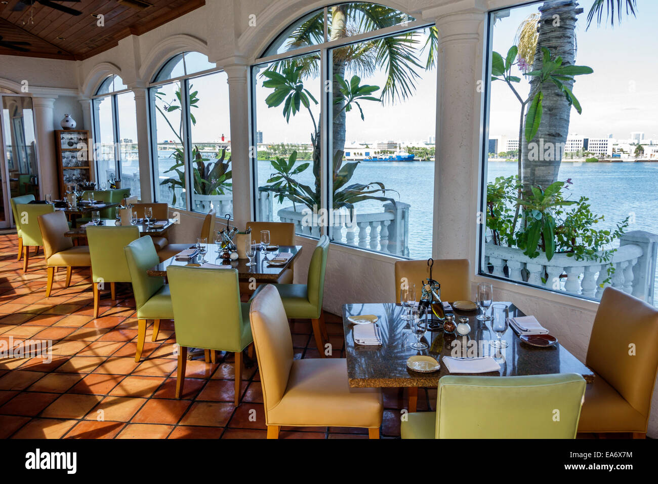 Miami Florida,Intercontinental,hotel,Blue Water Cafe,interior inside,tables,restaurant restaurants food dining cafe cafes,Biscayne Bay,view,FL14080801 Stock Photo