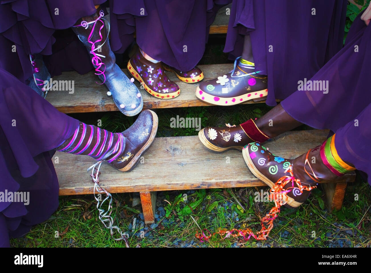 Bridesmaids Wearing Decorated Xtratuf Boots At A Wedding In Homer, Alaska Stock Photo