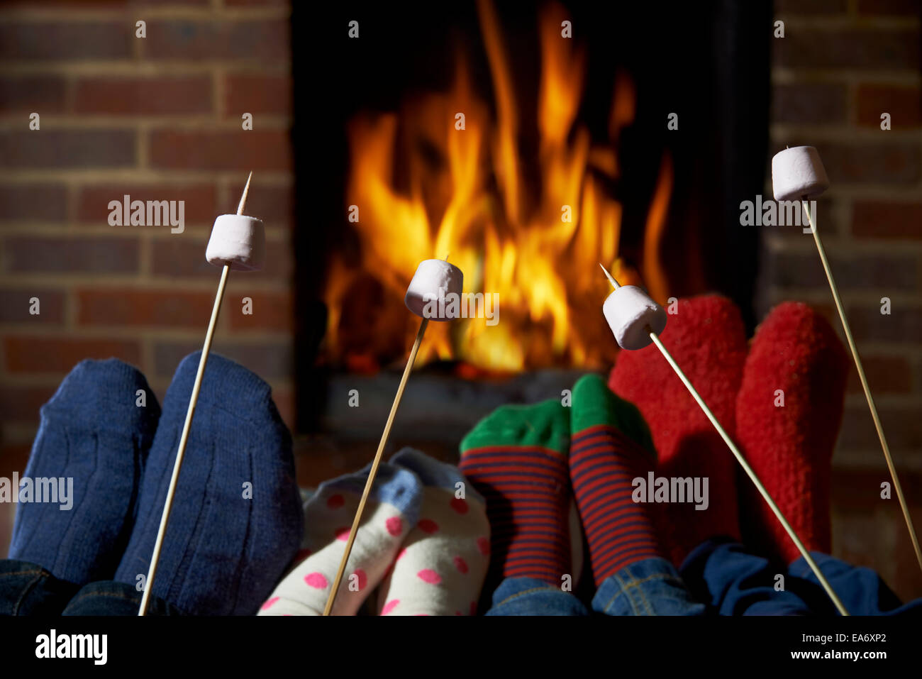 Family Toasting Marshmallows By Open Fire At Home Stock Photo