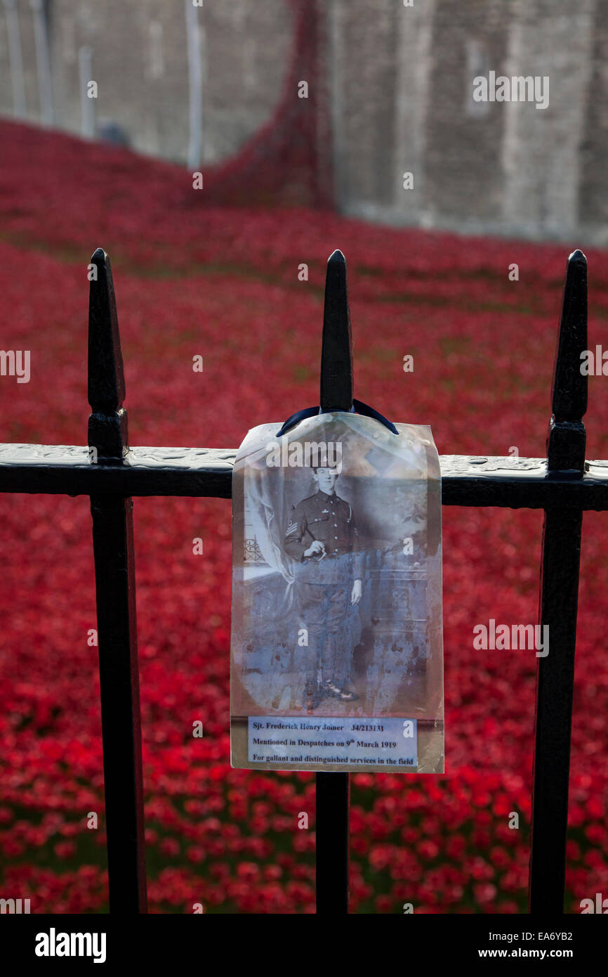 Photograph of a WW1 soldier hangs on the railings at the Tower of London in front of the 1914 centenary ceramic poppy display, Stock Photo
