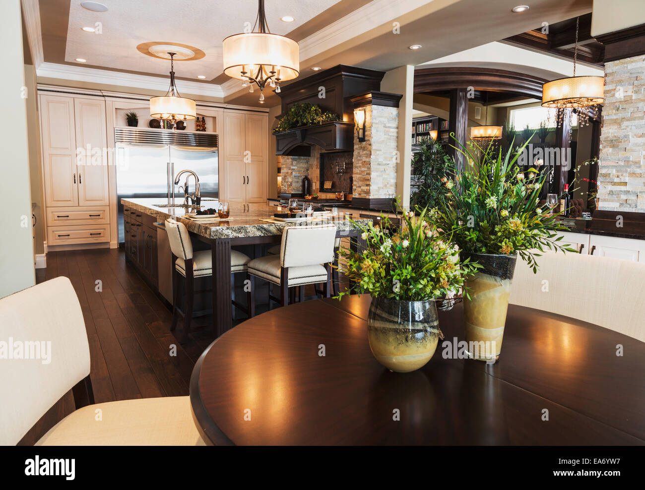 Kitchen in luxurious custom built estate home; Edmonton, Alberta, Canada Stock Photo