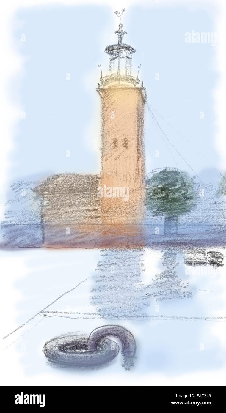City Hall Stockholm, black and white pencil sketch, colorized. Stock Photo