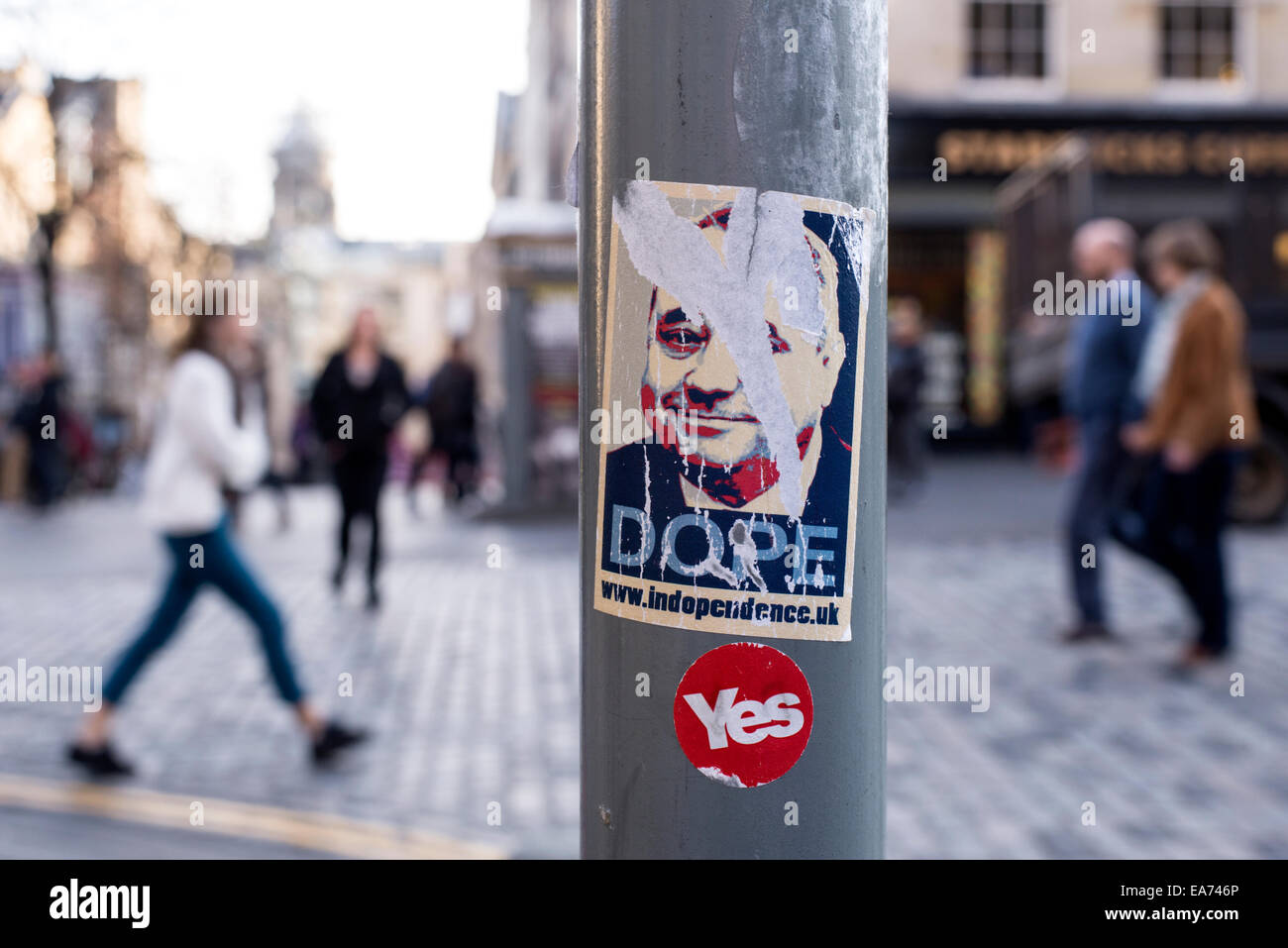 An Alex Salmond 'Dope' sticker, parodying the Obama 'Hope' poster, and a pro-independence 'Yes' , post referendum. Stock Photo