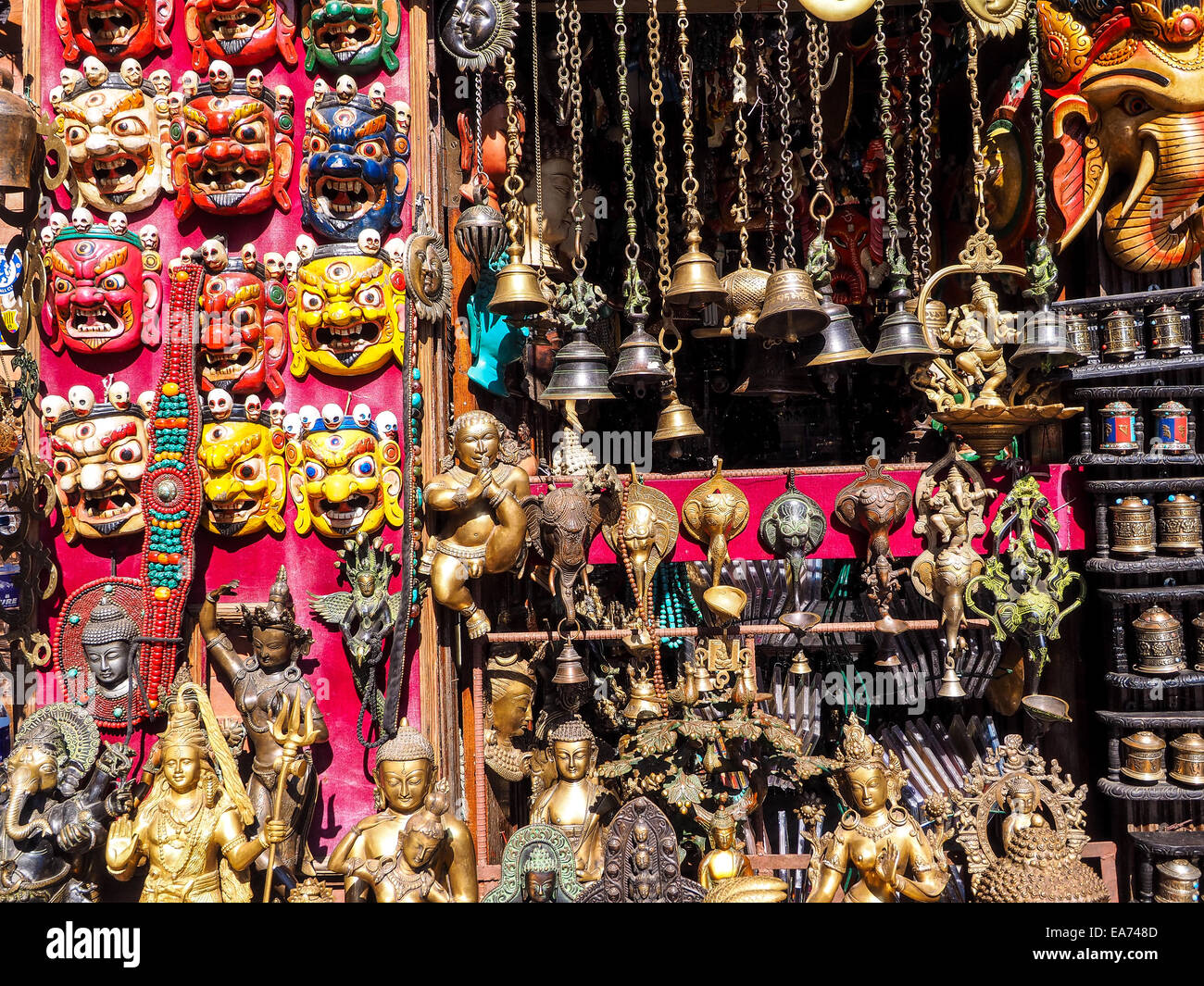 Masks, souvenirs in street shop at Durbar Square, Nov 29, 2013 in Kathmandu, Nepal. Preference for construction of royal palaces Stock Photo