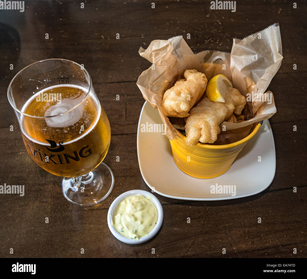 Fish & chips and beer at a local restaurant in Reykjavik, Iceland Stock