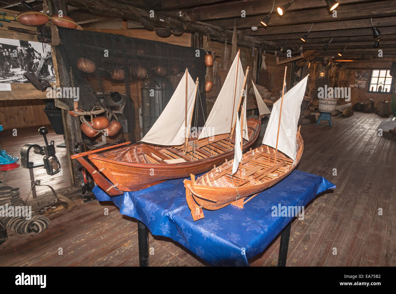 Models of boats in the Nordfjordur Museum known locally as Museum House. Eastern Iceland. Stock Photo