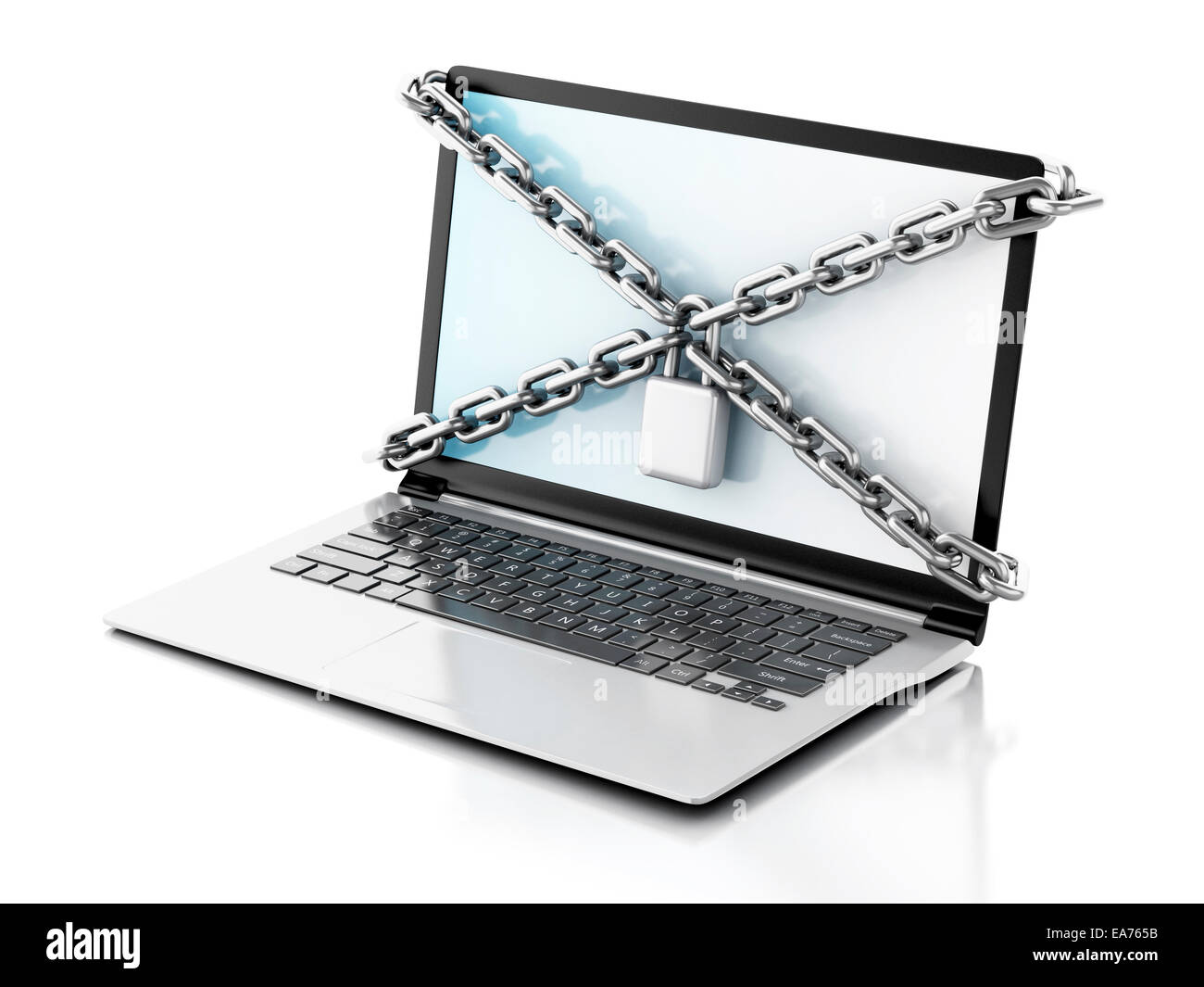 image of Laptop with lock and chain. Data security concept.. 3d ...