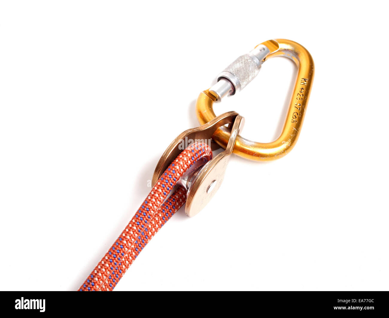 Climbing equipment pulley, rope, carabiner Stock Photo Alamy