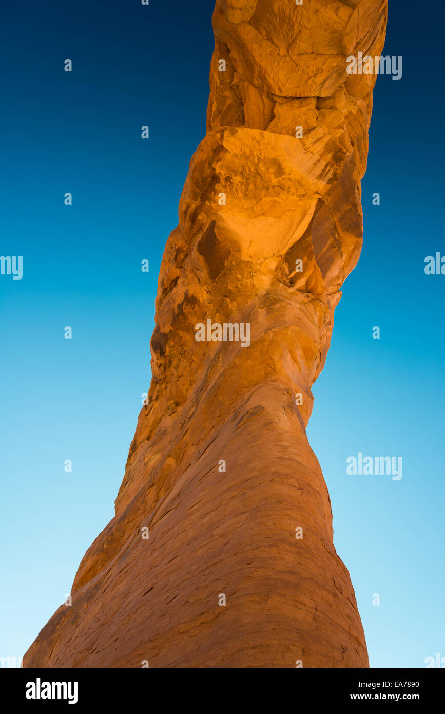 The Delicate Arch, view from underneath the sandstone arch. The Arches National Park, Utah, USA. Stock Photo