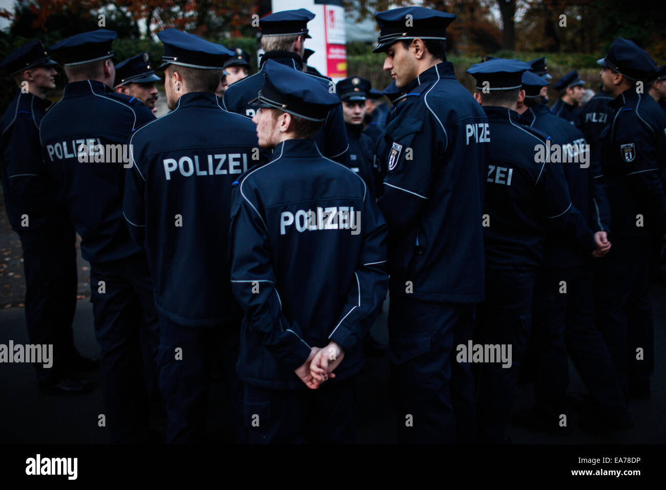 Berlin, Germany. 7th Nov, 2014. Students from a local police school gather near Berlin's Grunewald train station to attend a memorial activity for the Crystal Night in Berlin, Germany, on Nov. 7, 2014. Some 100 middle school students and students from the local police school took part in the memorial activity on Friday to commemorate the 76th anniversary of the Nazi's 'Kristallnacht' (Crystal Night, Night of Broken Glass) in 1938, at Berlin's Grunewald train station, one of the major sites of deportation of the Berlin Jews during World War II. Credit:  Zhang Fan/Xinhua/Alamy Live News Stock Photo