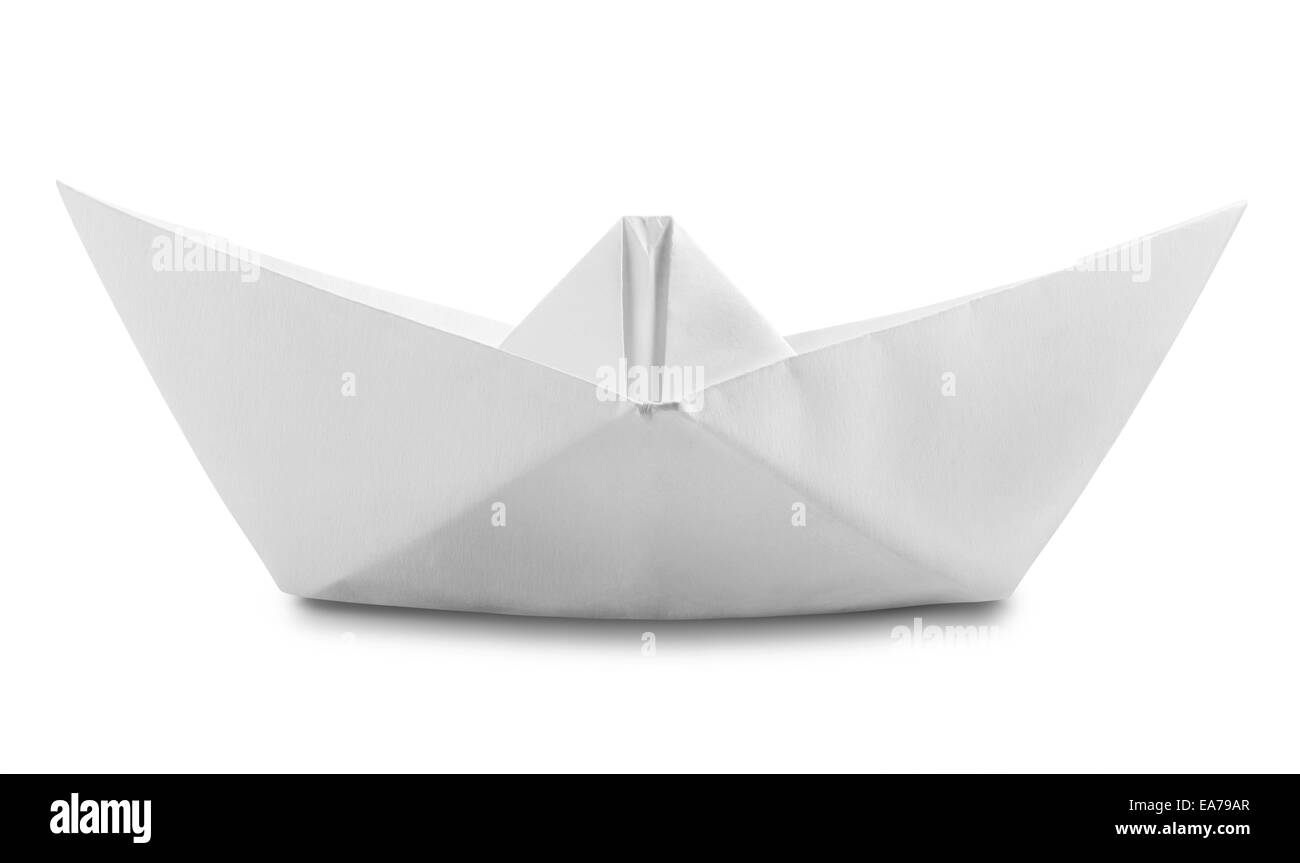 Origami White Paper Boat Isolated on White Background. Clipping Path Stock Photo