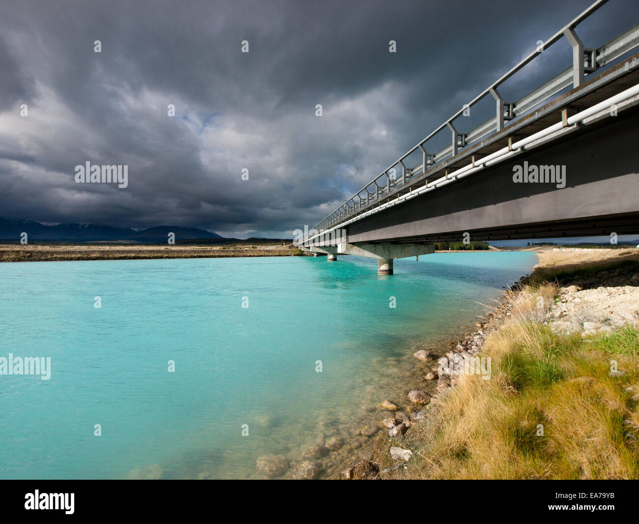 bridge on Tekapo-Pukaki canal in Canterbury region of New Zealand - Spouth Island Stock Photo