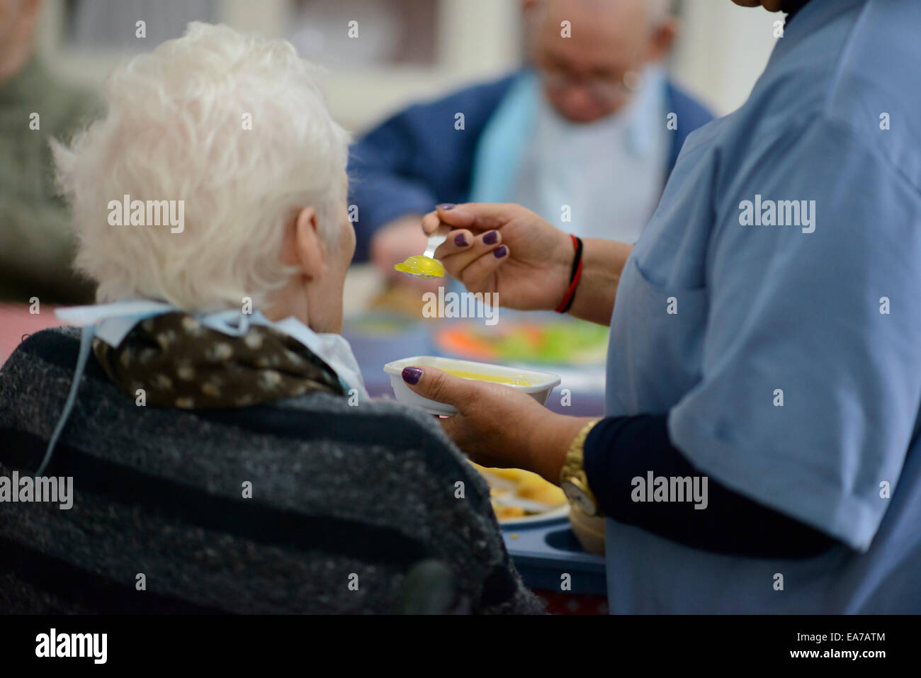 Social worker feeding an old woman in a nursing home Stock Photo