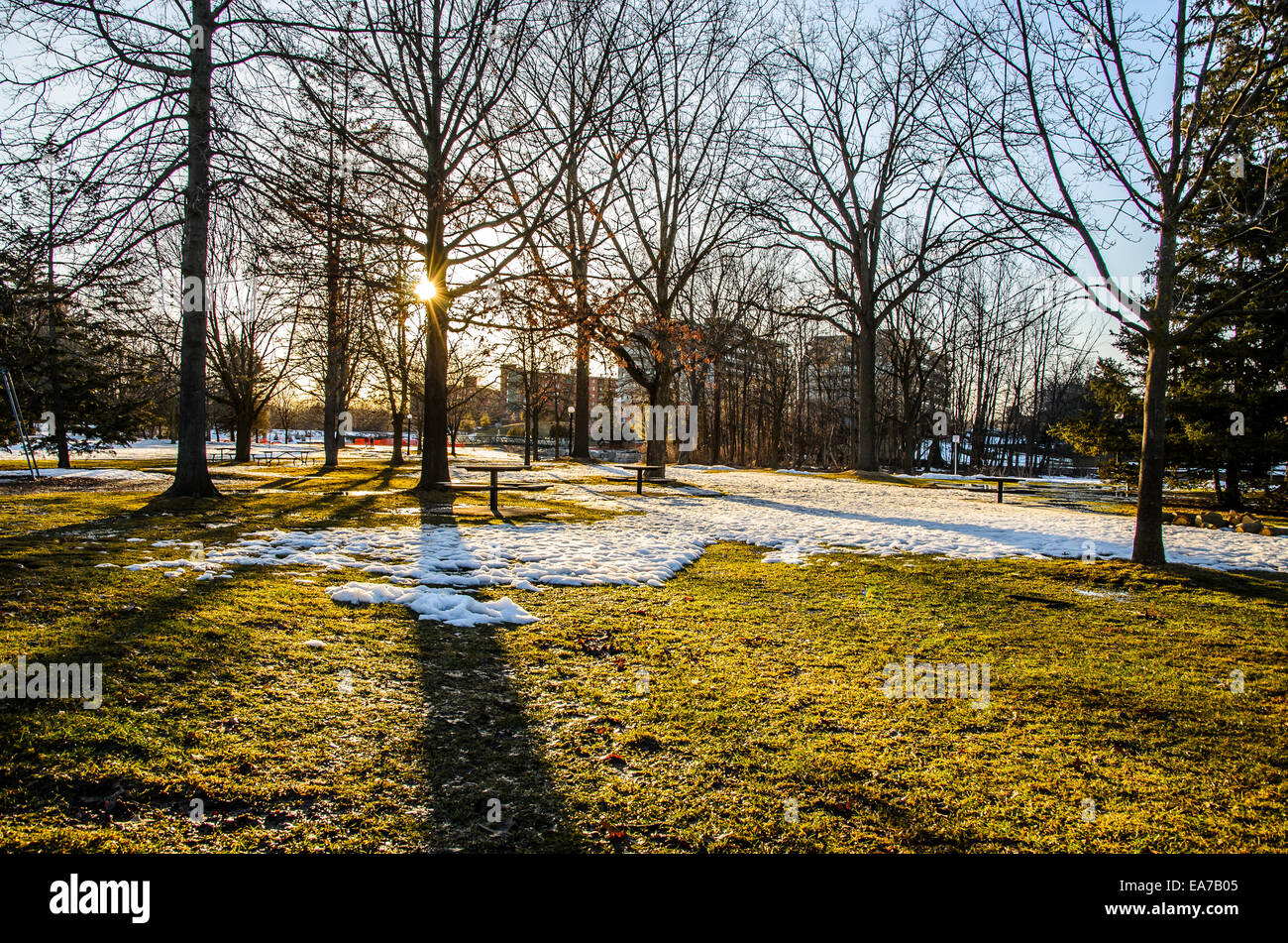 Evening walk at Victoria Park, Kitchener, Ontario. It was at the end of Winter season 2013. Stock Photo