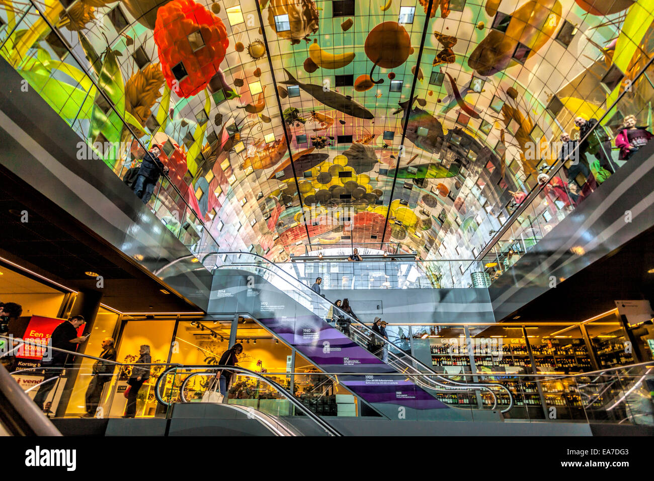 Interior view of the new Market hall or in Dutch Markthal Rotterdam in Rotterdam, South Holland, The Netherlands. Stock Photo