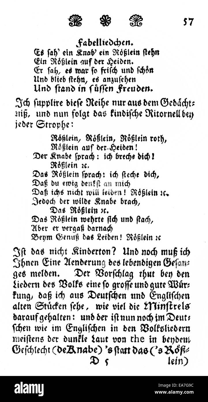 Historic print, 1773, page of the book Lieder alter Voelker by Johann Gottfried von Herder, 1744 - 1803, a German poet, translat Stock Photo
