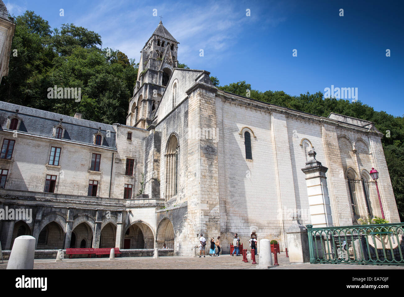 The Benedictine abbey abbaye Saint-Pierre de Brantôme and its bell tower along the river Dronne, Dordogne, Aquitaine, France Stock Photo