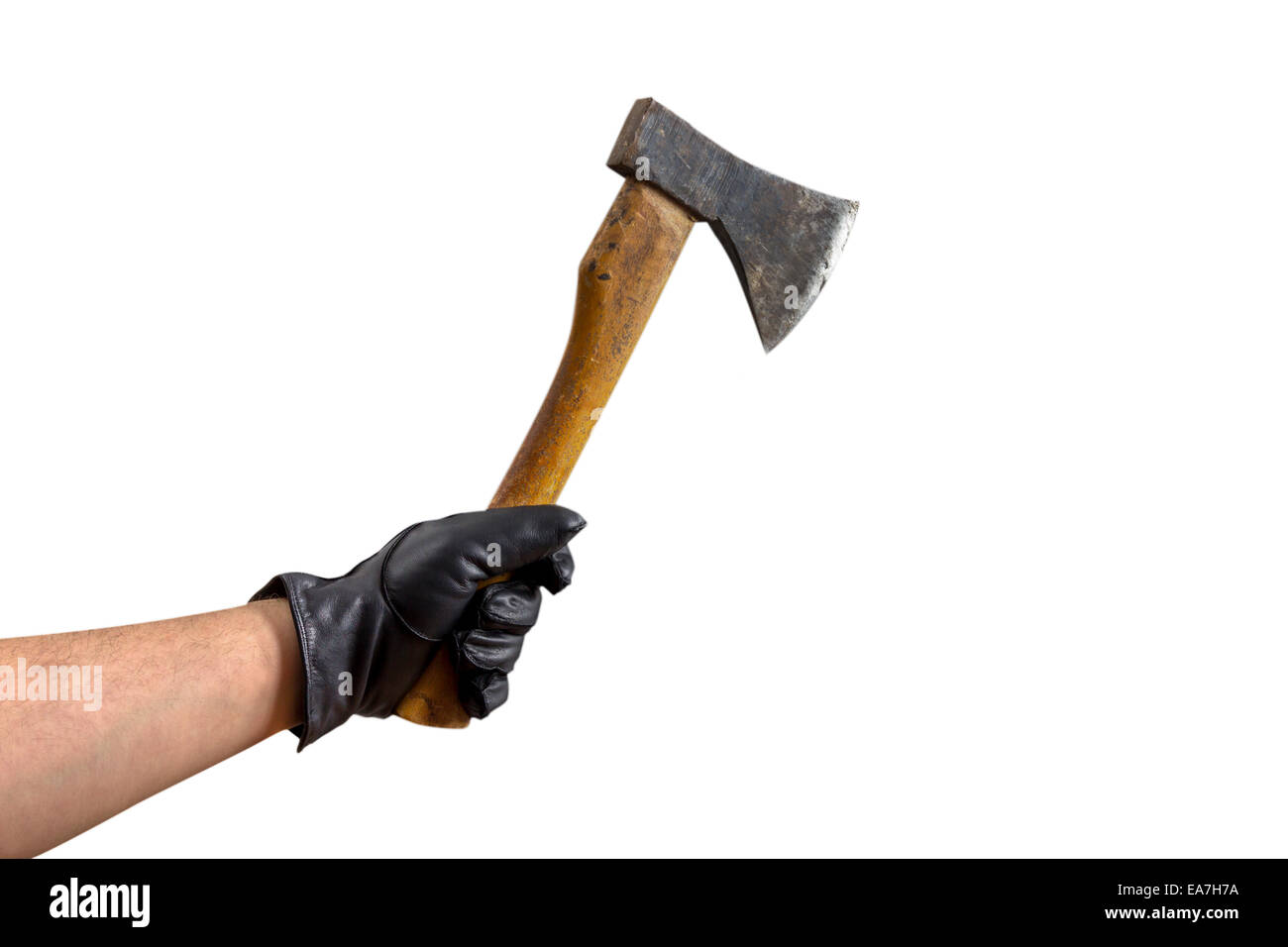 An Arm with black leather gloves holding a small axe Stock Photo Alamy