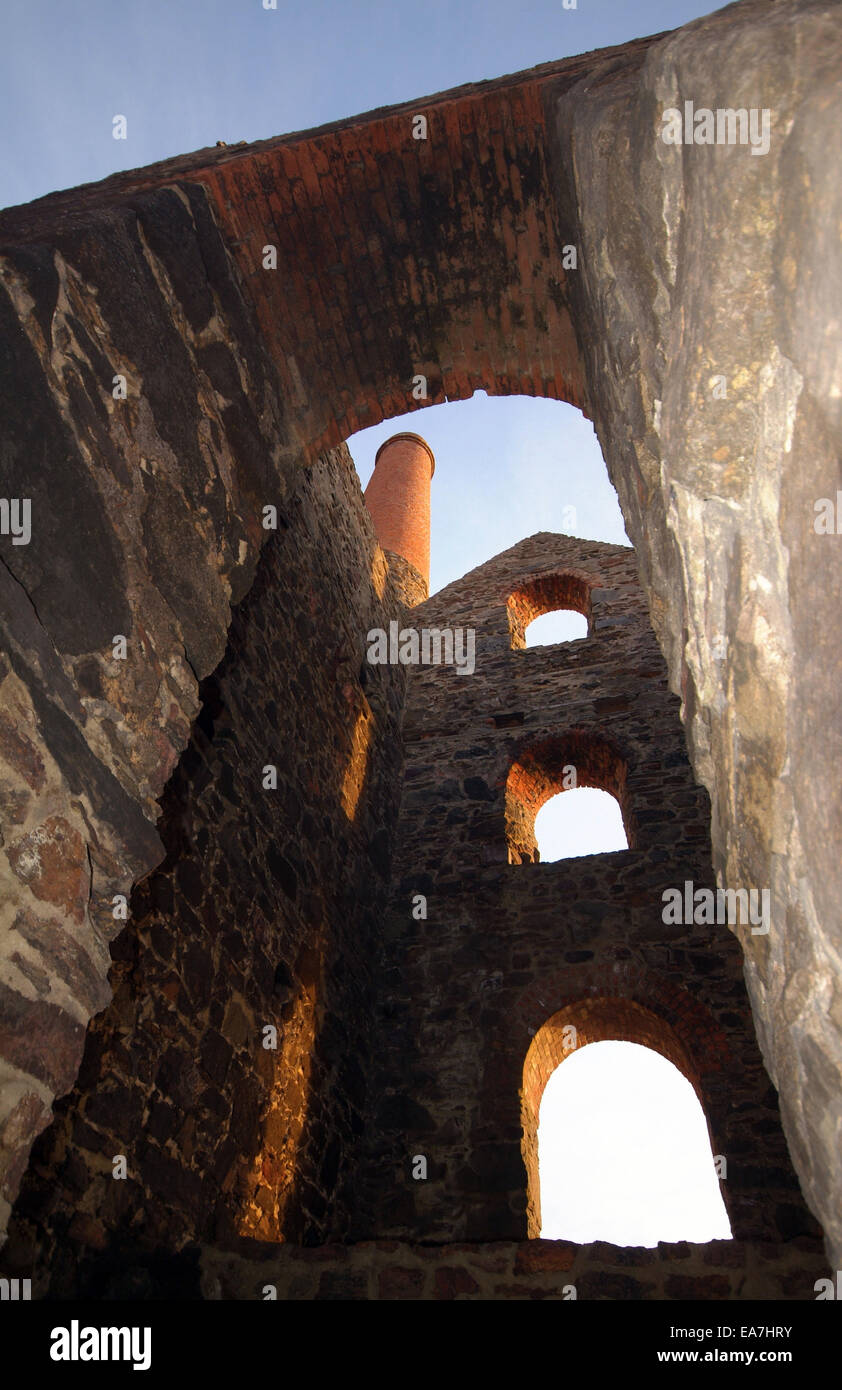 Inside Towanroath Shaft pumping engine house ruin part of Wheal Coates tin mine on the North Cornish cliffs by the coast path at Stock Photo