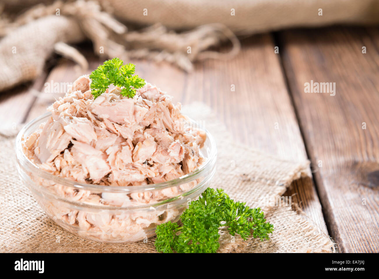 Bowl with canned Tuna (detailed close-up shot) Stock Photo