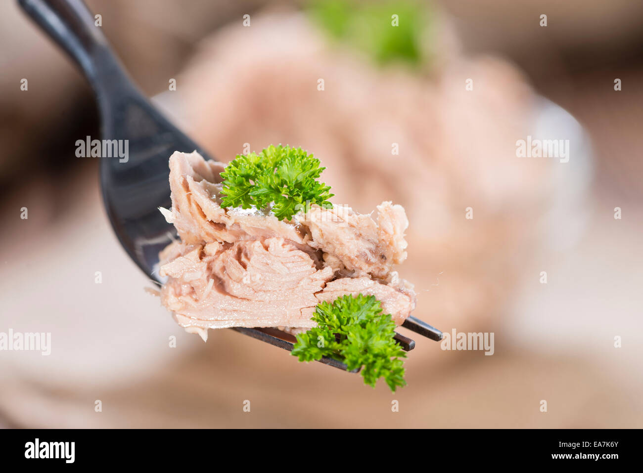 Portion of tuna (with parsley) on a fork as detailed close-up shot Stock Photo