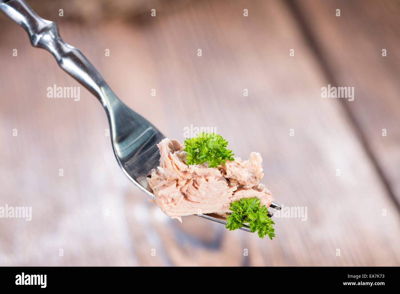 Portion of tuna (with parsley) on a fork as detailed close-up shot Stock Photo