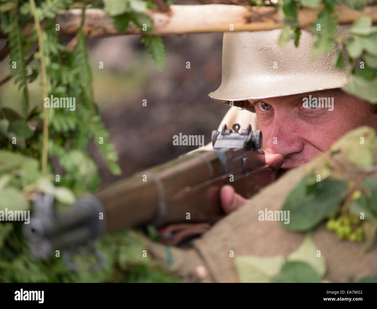 a WW11 enthusiast re-enacts world war two battles dressed as an American soldier with rifle, Derbyshire, UK Stock Photo
